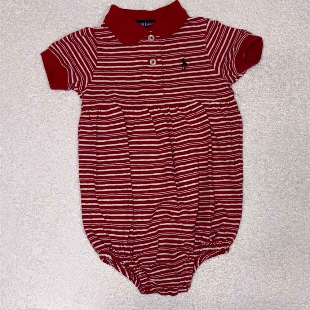 Ralph Lauren Red Striped Baby cotton summer bubble romper 3/6m